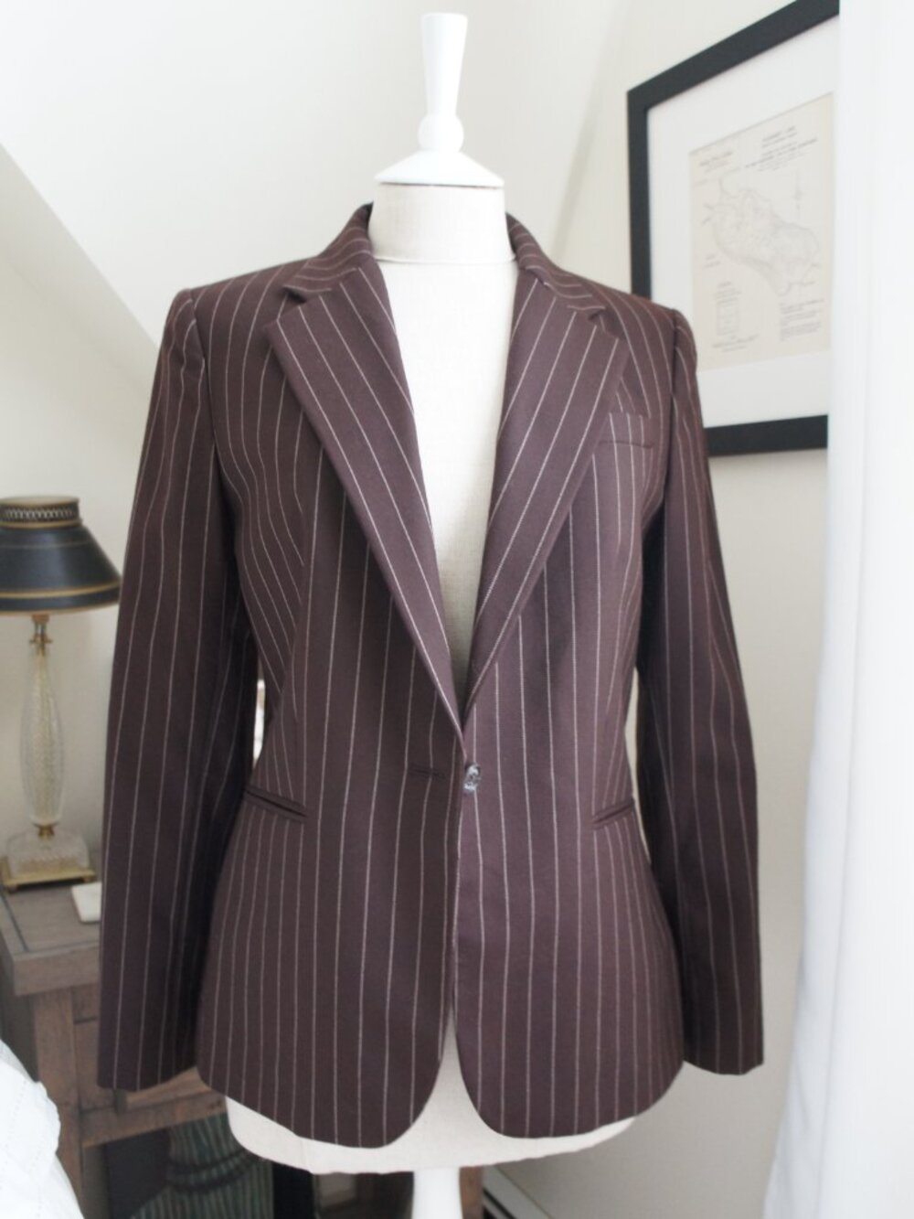 Chaps Vintage Dark Brown 100% Wool Pinstripe Blazer Size 8